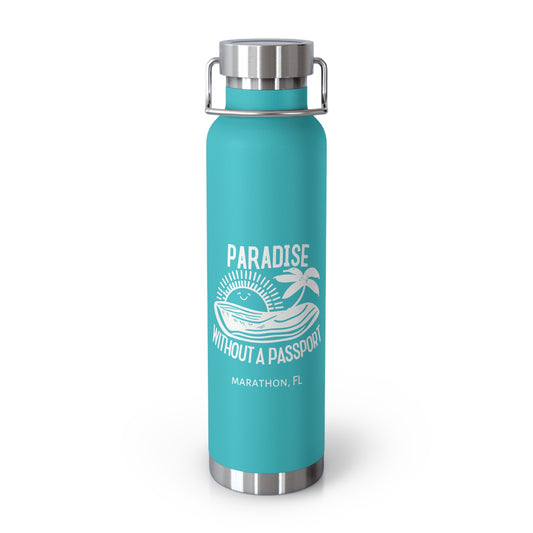"paradise without a passport" - insulated water bottle, white logo