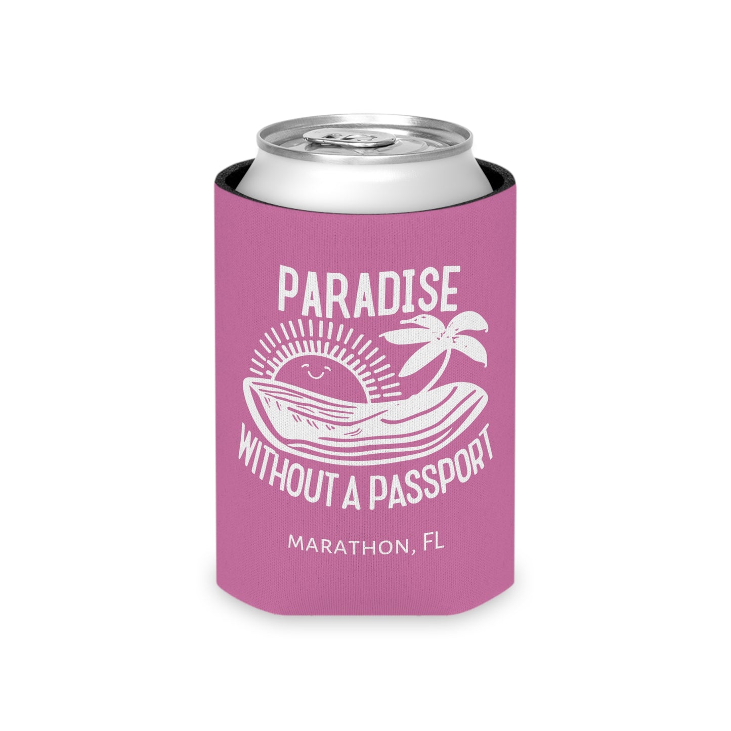 Paradise without a Passport - MARATHON FL, Pink can coozie, slim and regular cans