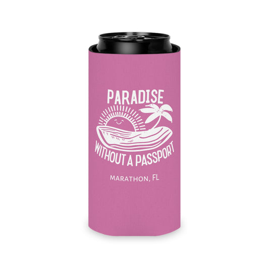 Paradise without a Passport - MARATHON FL, Pink can coozie, slim and regular cans