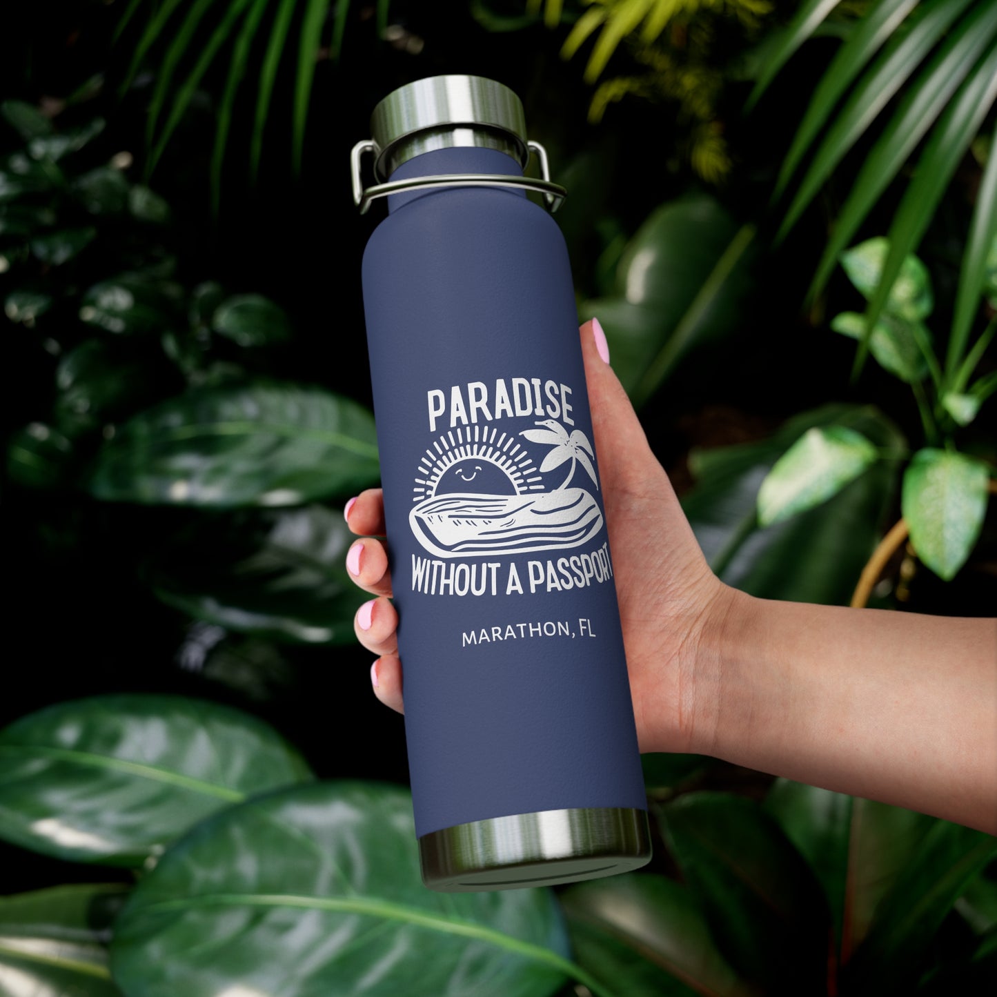 "paradise without a passport" - insulated water bottle, white logo