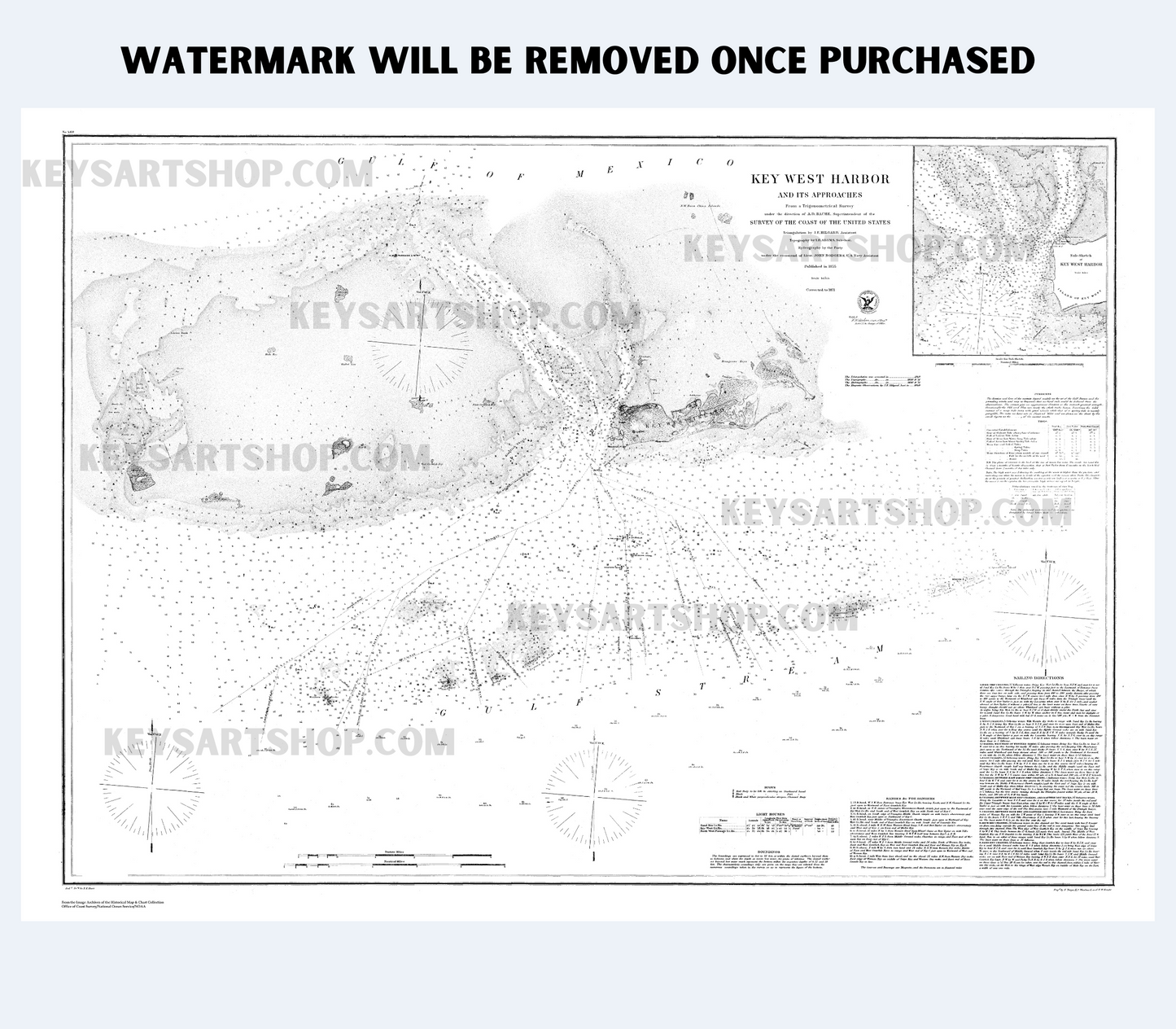 Key West Map - Wall art - Coastal decor - Black and white harbor map