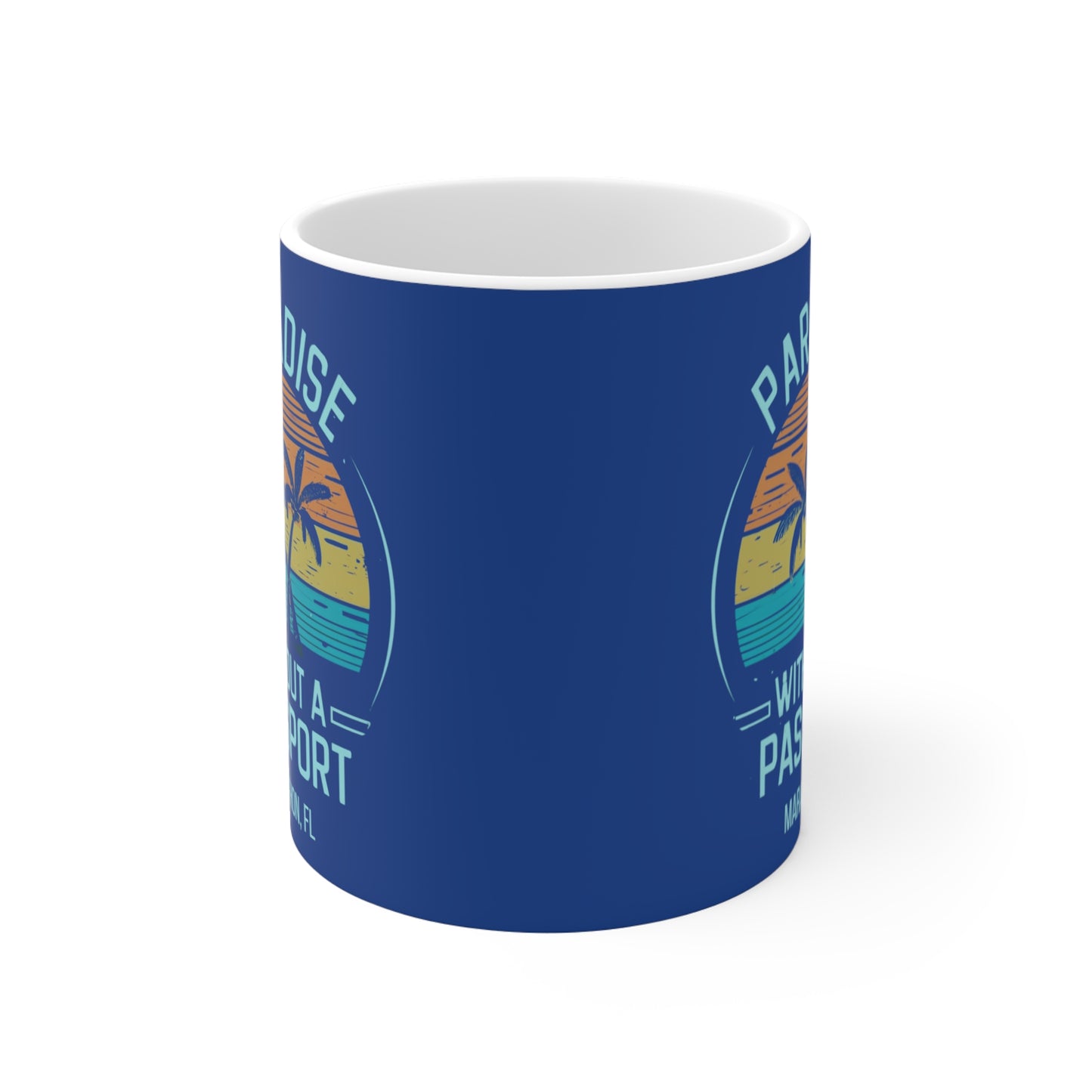 paradise without a passport mug - blue retro