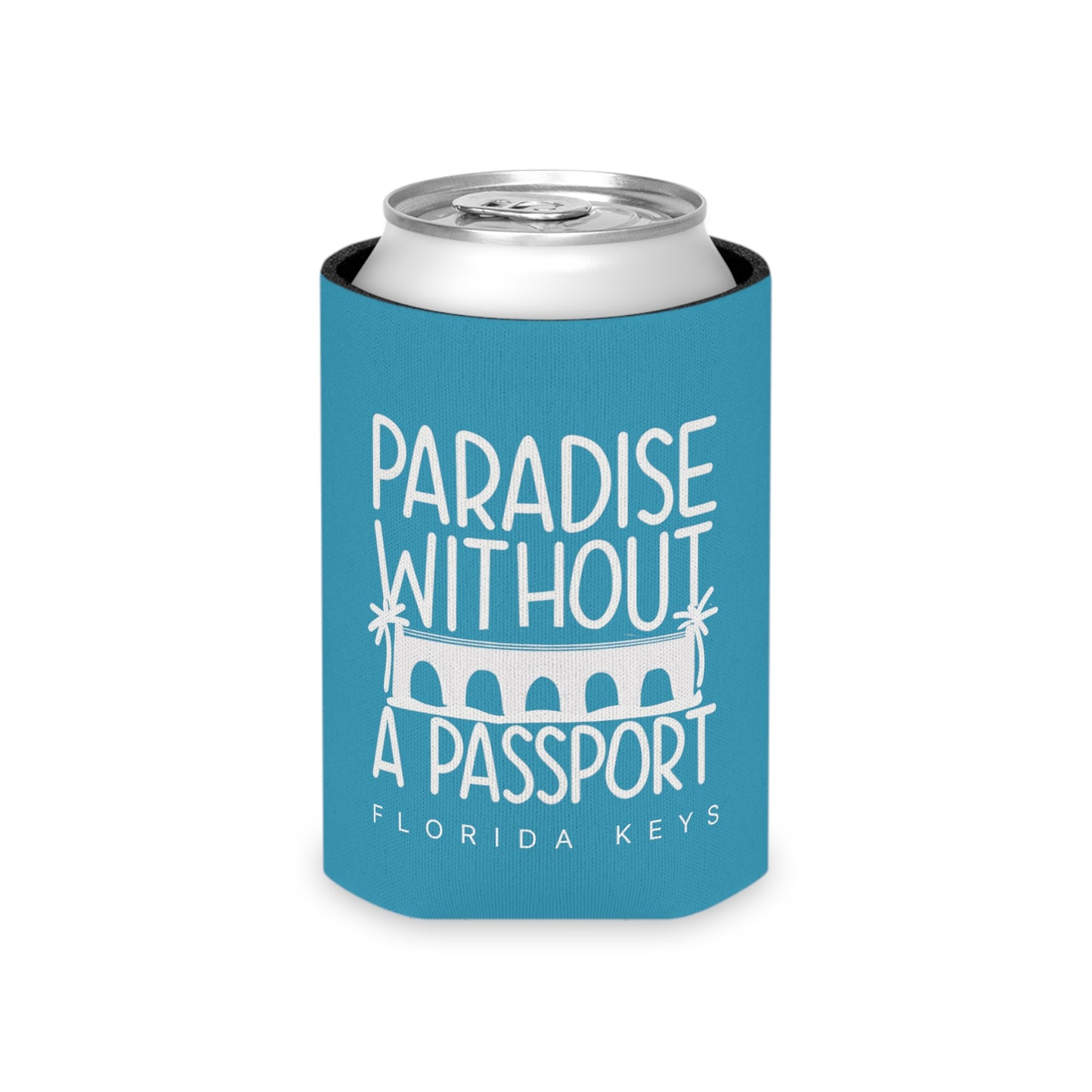 paradise without a passport - skinny can coozie & regular can coozie, blue with white