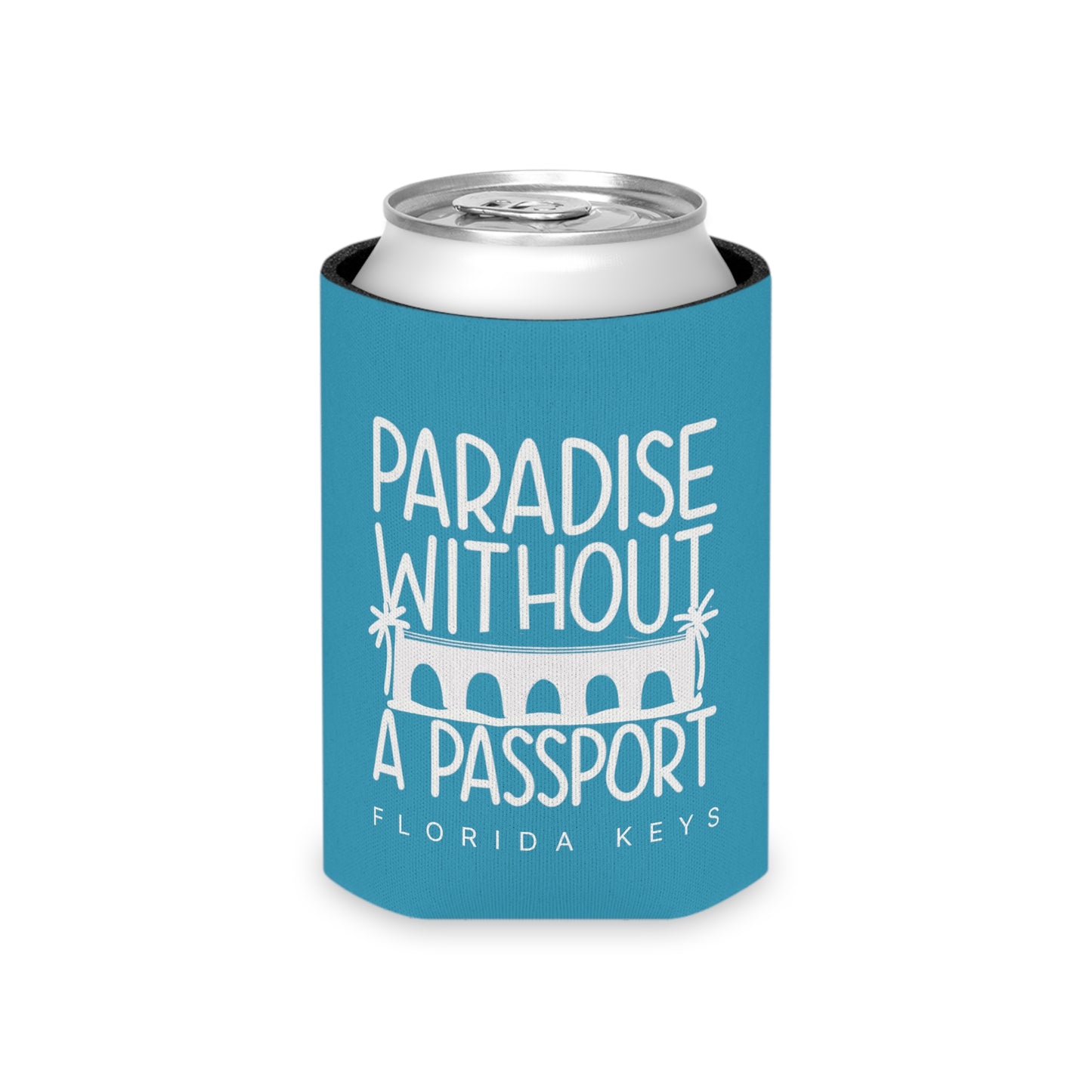 paradise without a passport - skinny can coozie & regular can coozie, blue with white