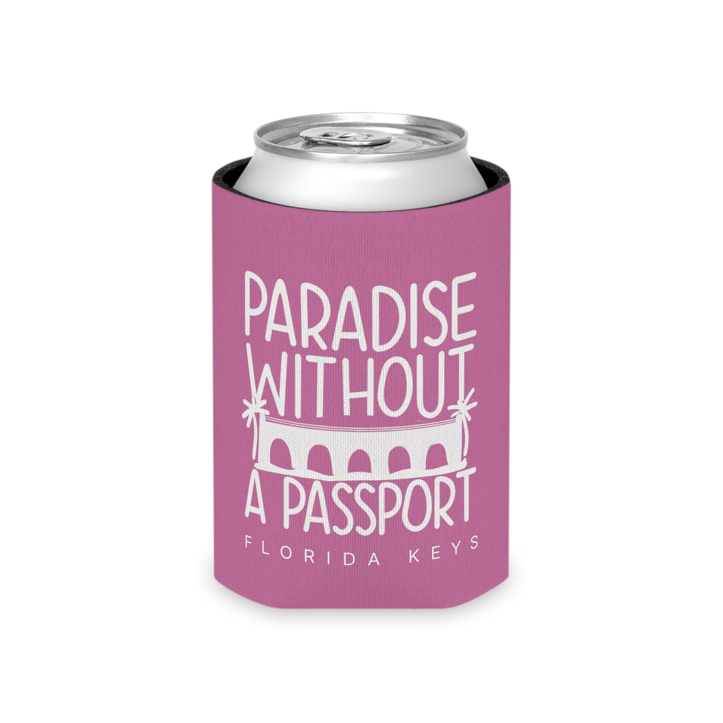paradise without a passport - skinny can coozie & regular can coozie, white & pink