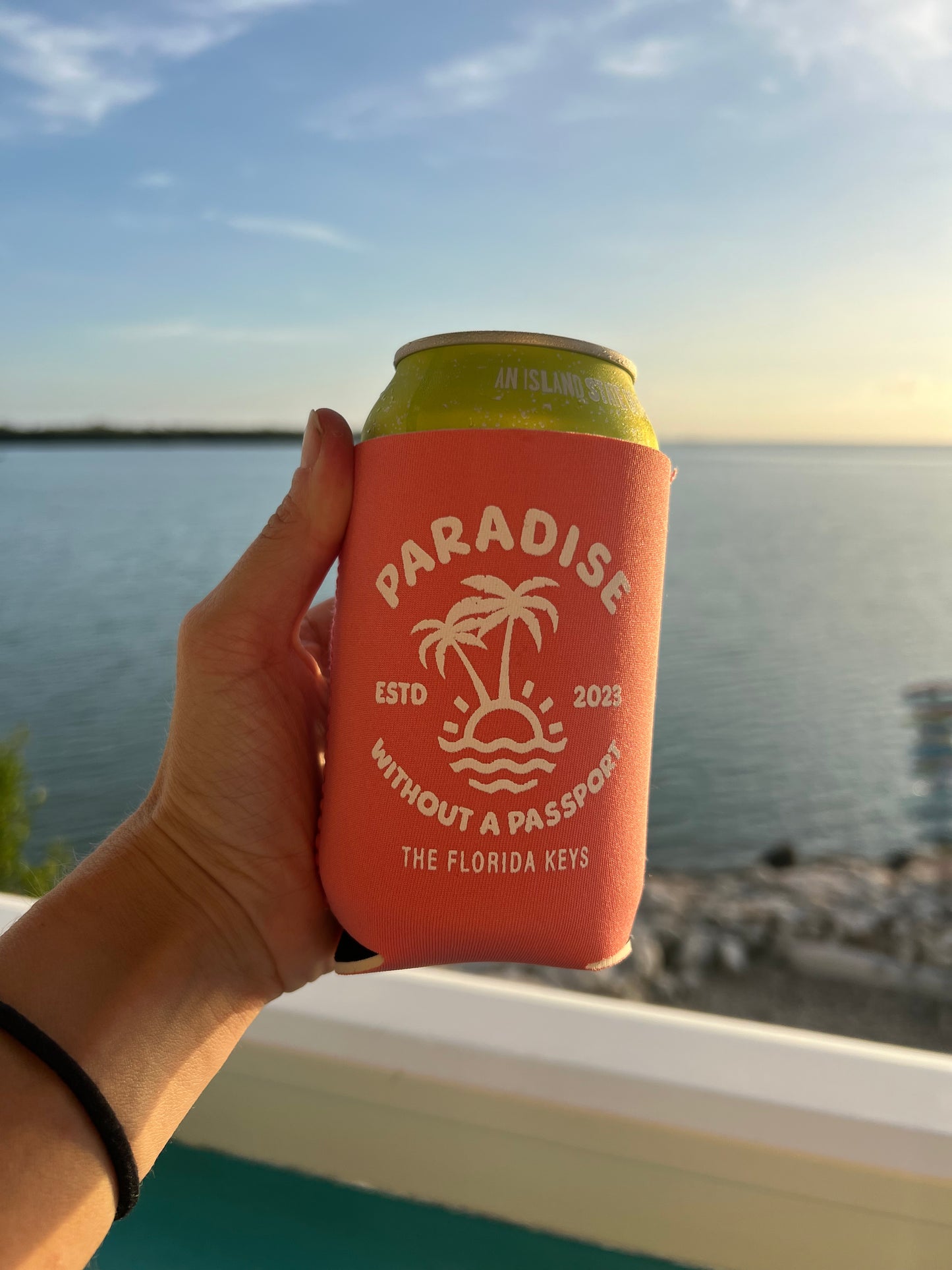 Paradise without a Passport Can Coozies - aqua, pink, navy blue, or coral colors available!