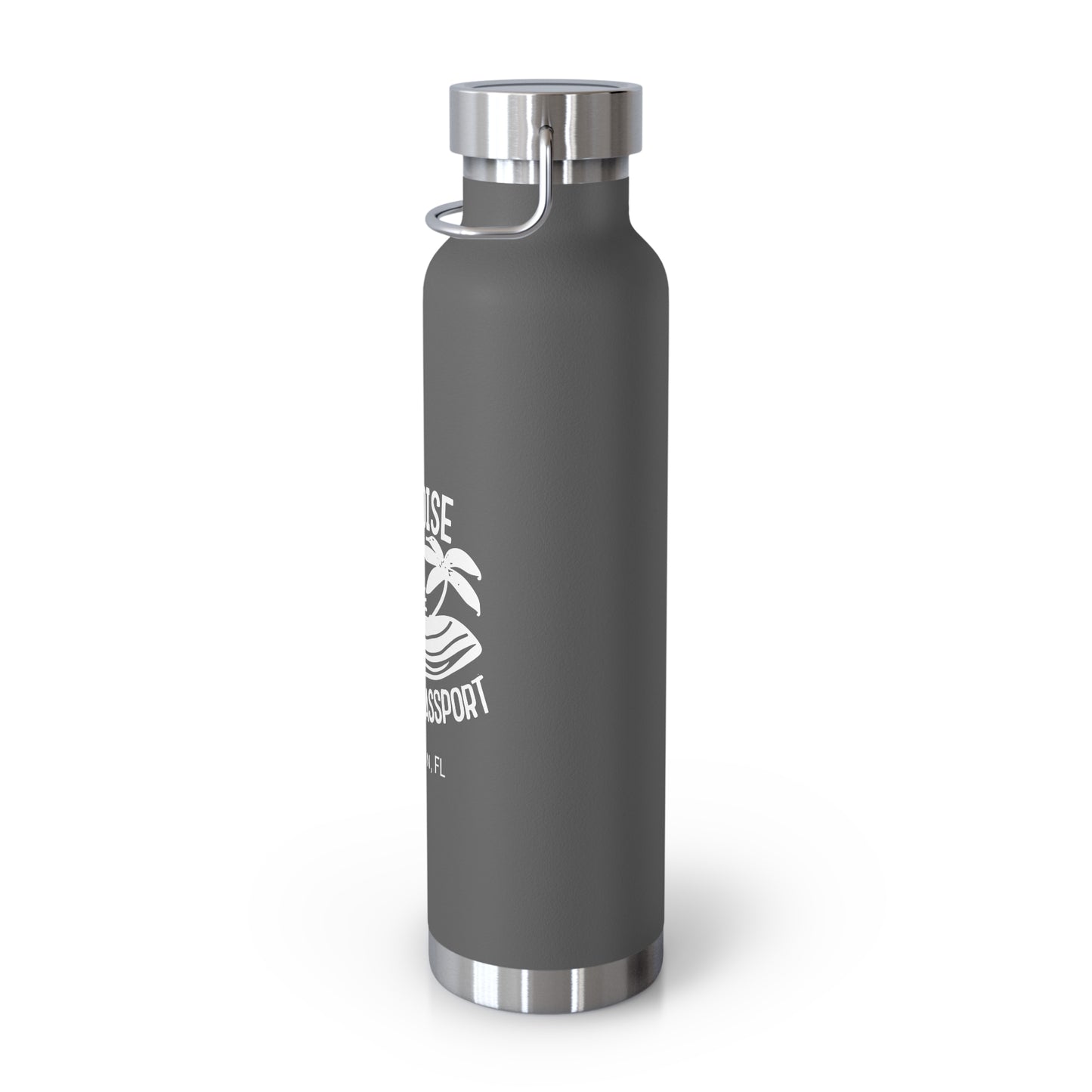 "paradise without a passport" - insulated water bottle, white logo