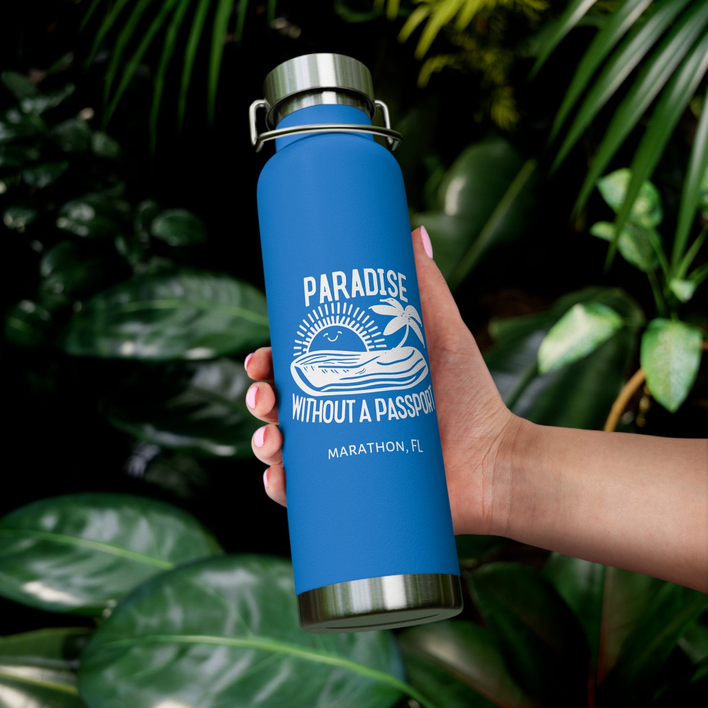 "paradise without a passport" - insulated water bottle, white logo