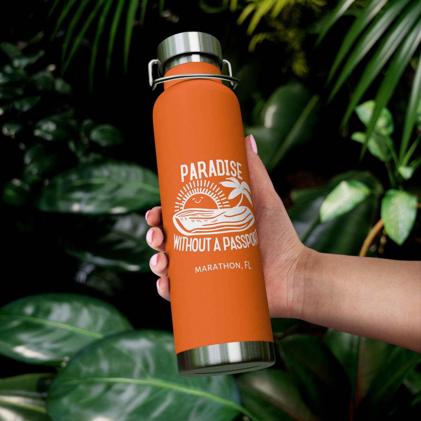 "paradise without a passport" - insulated water bottle, white logo