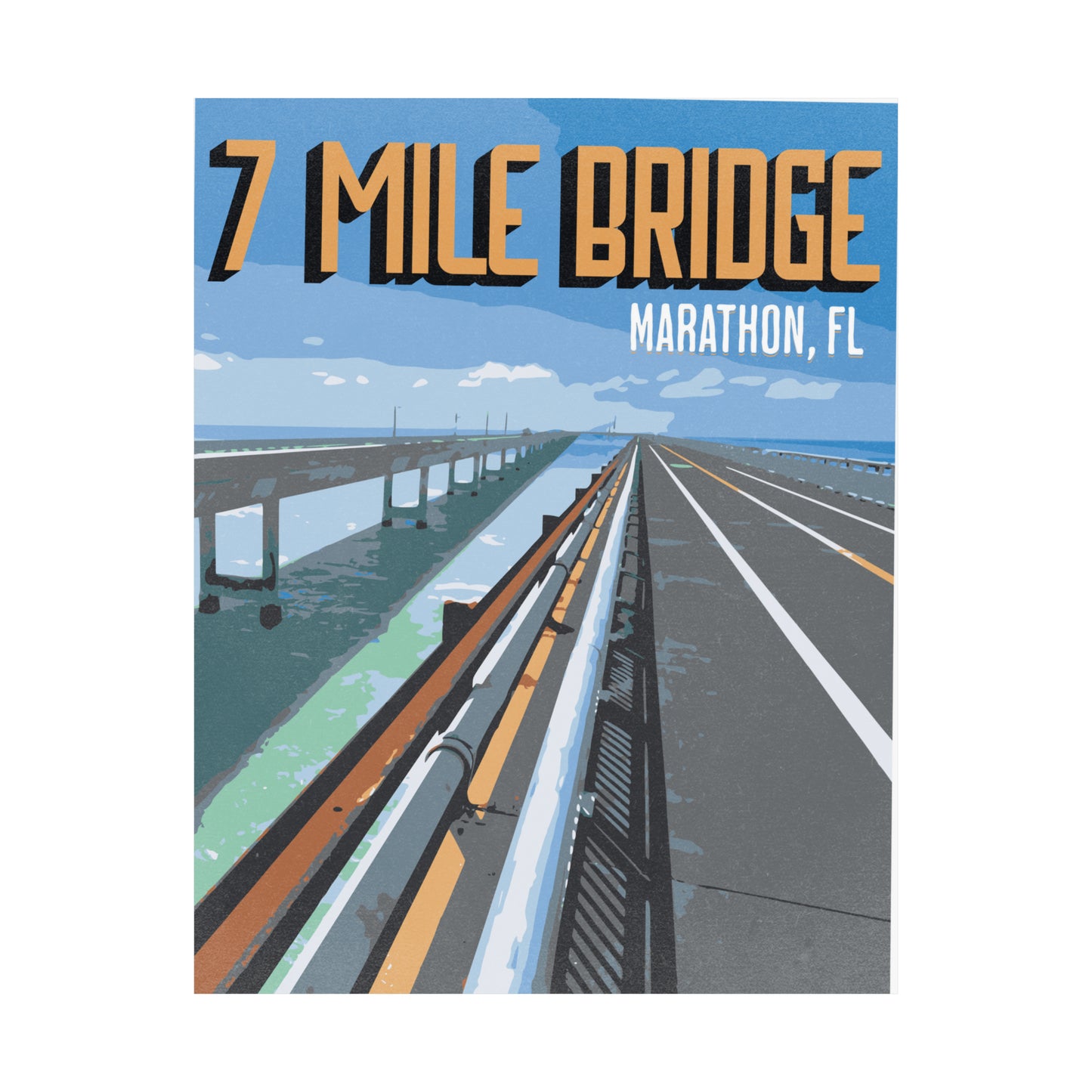 Poster Seven Mile Bridge - Retro Travel Poster - Marathon Florida Keys Travel Print