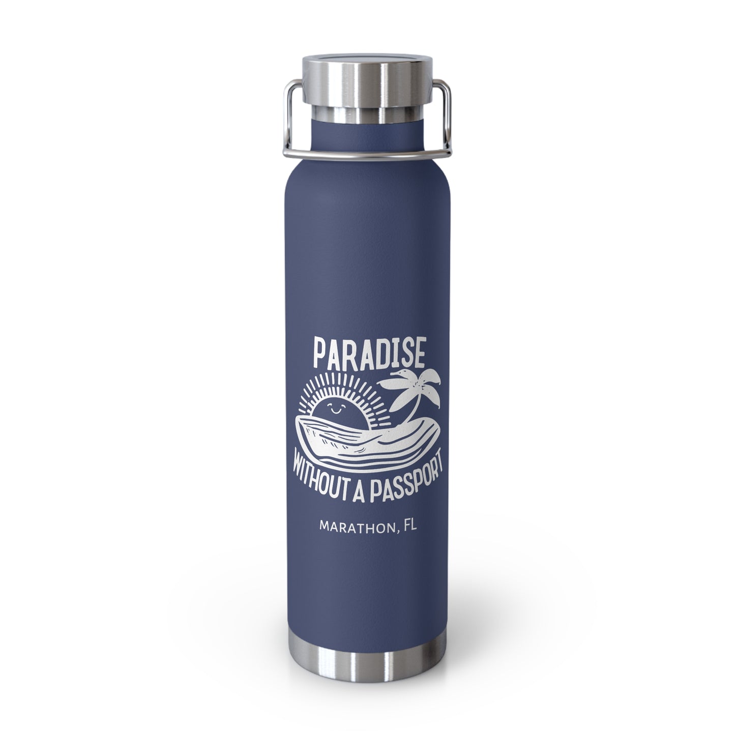 "paradise without a passport" - insulated water bottle, white logo