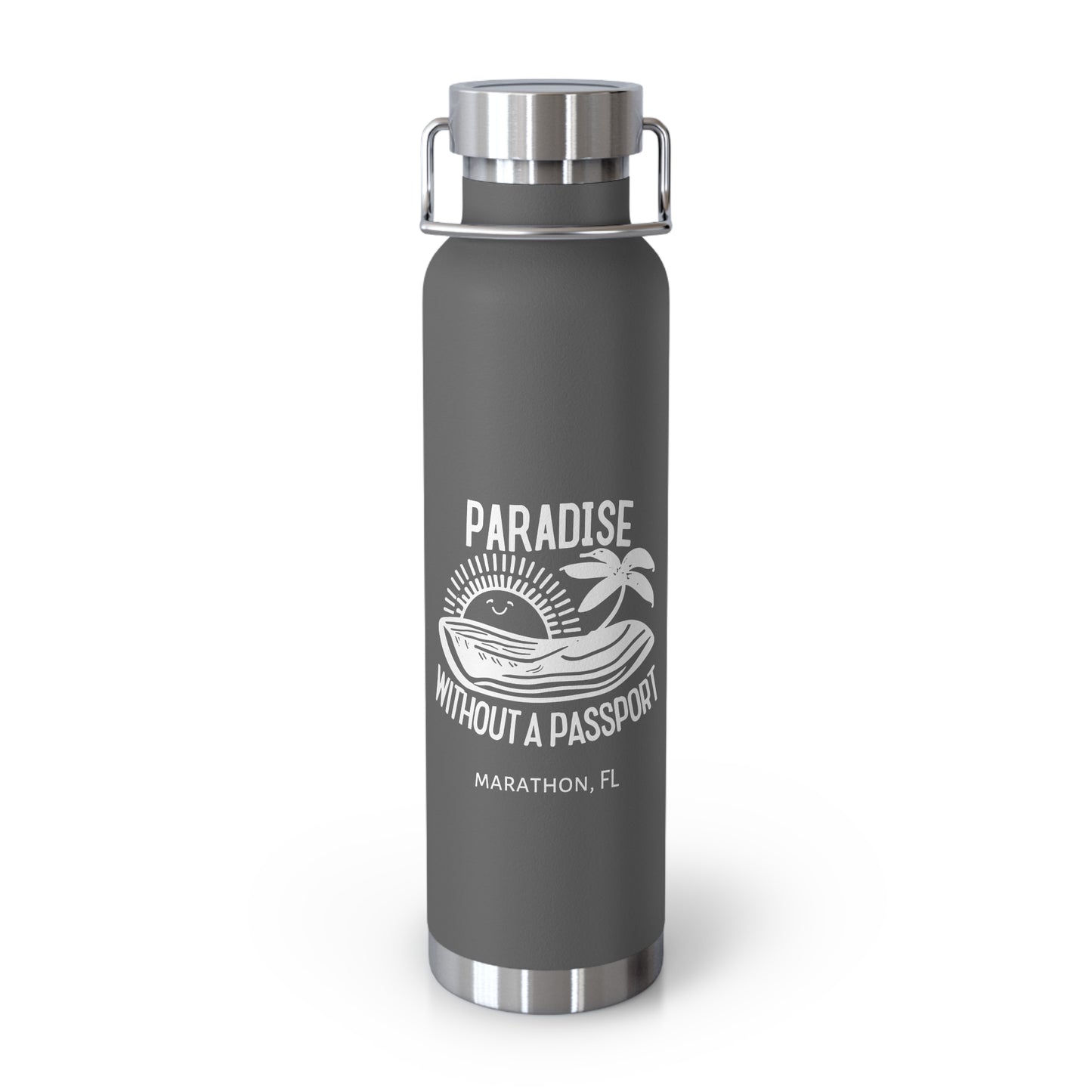 "paradise without a passport" - insulated water bottle, white logo