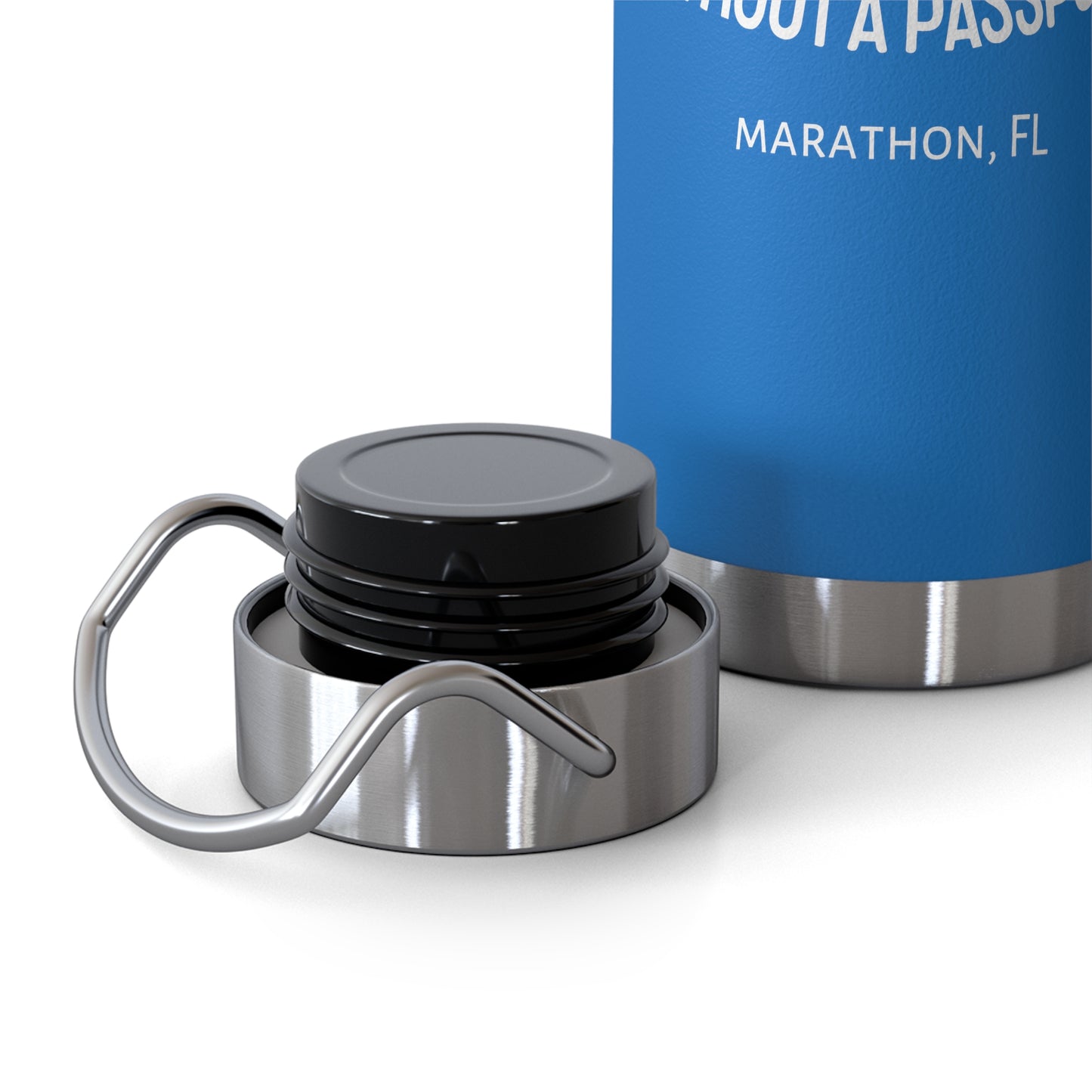"paradise without a passport" - insulated water bottle, white logo