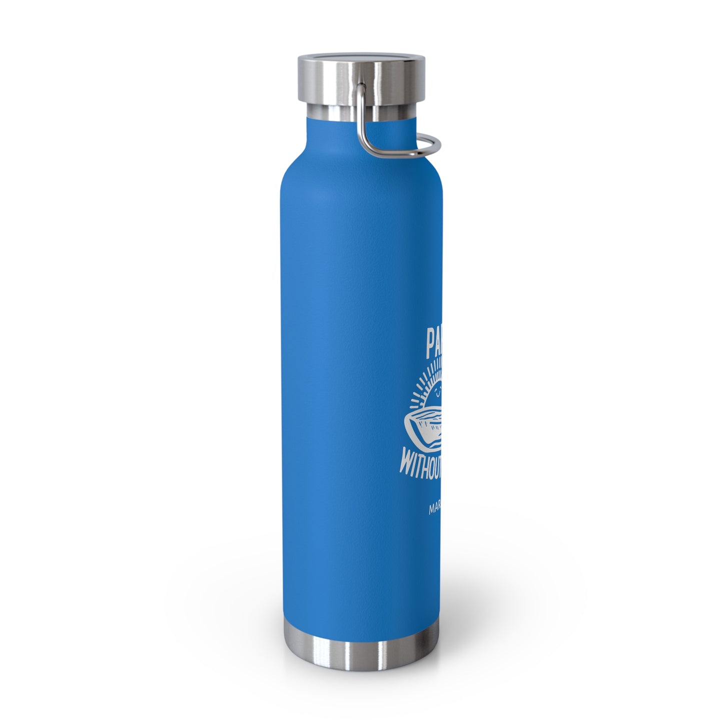 "paradise without a passport" - insulated water bottle, white logo