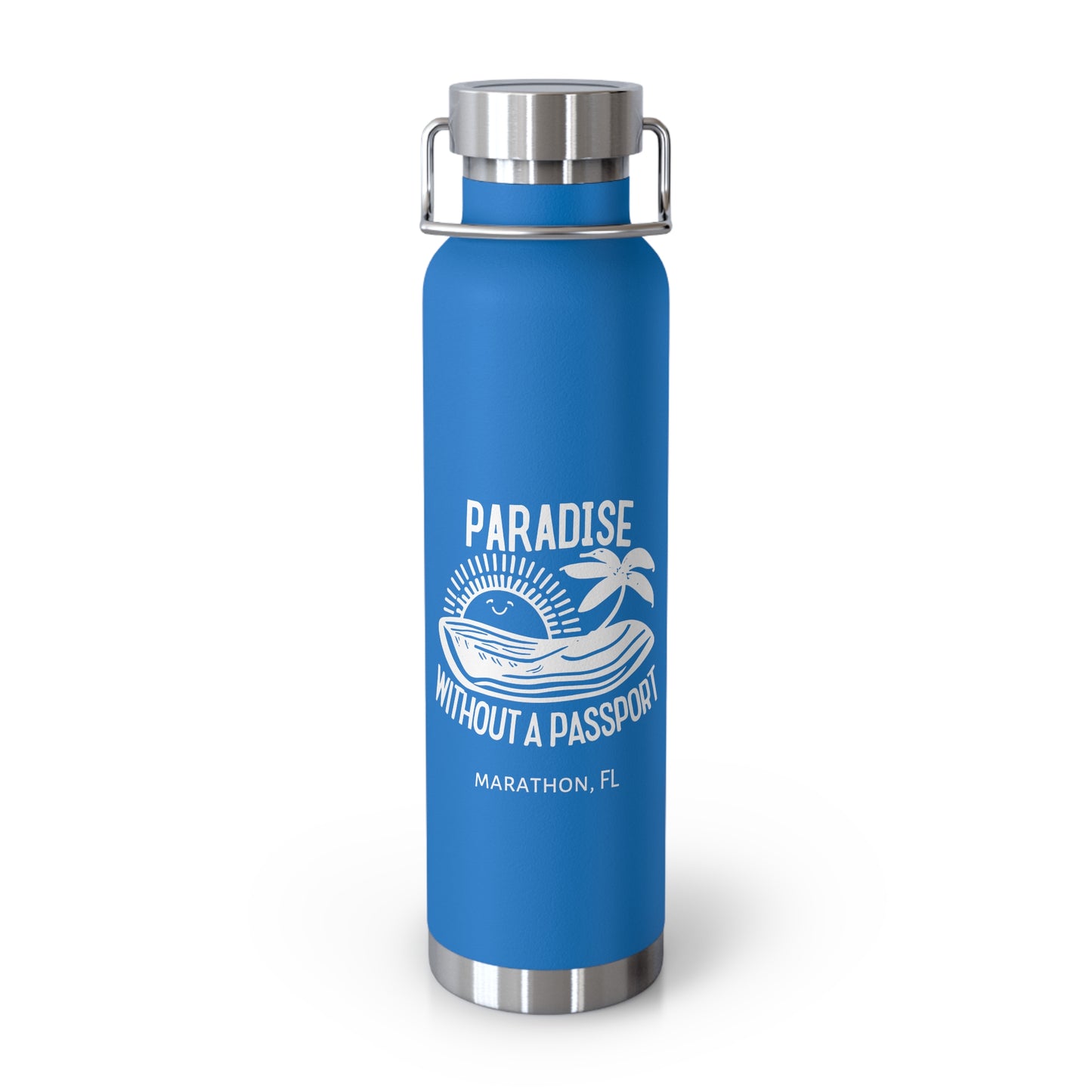 "paradise without a passport" - insulated water bottle, white logo