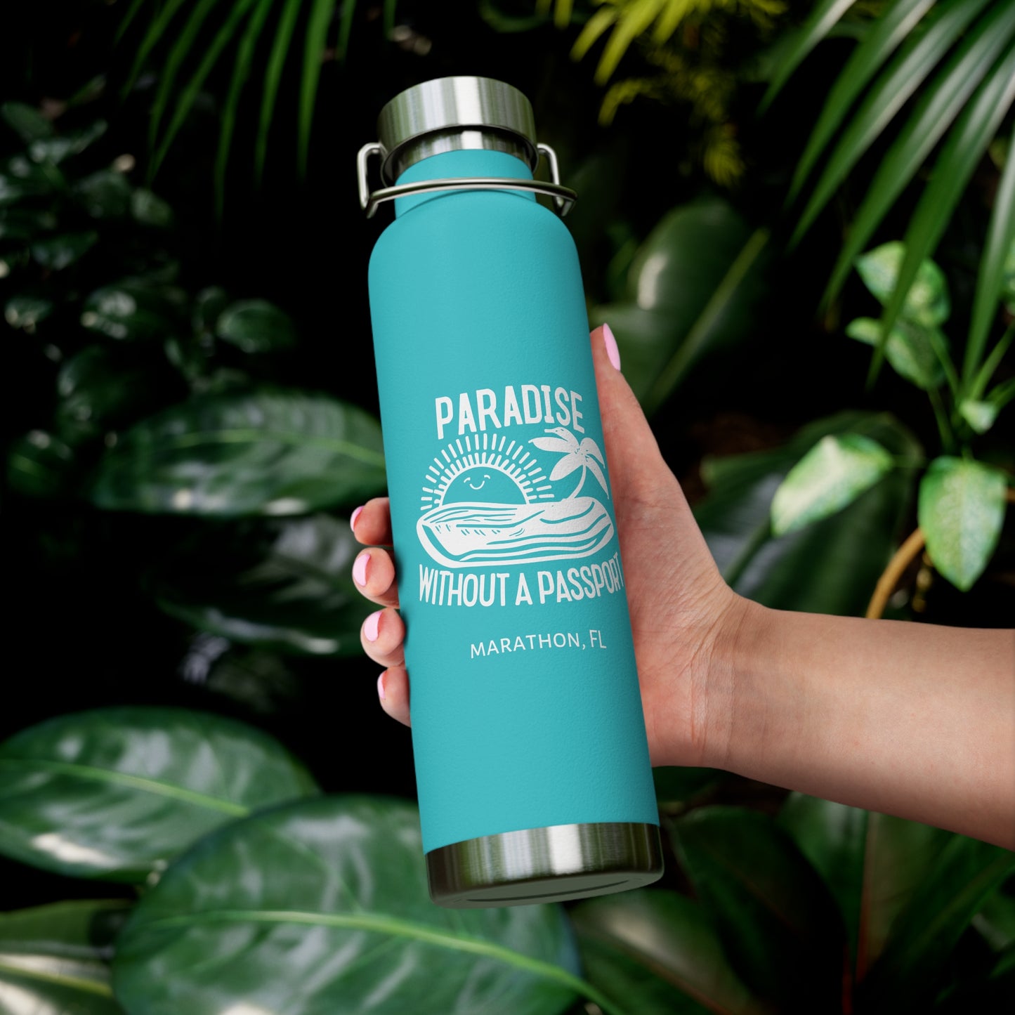 "paradise without a passport" - insulated water bottle, white logo