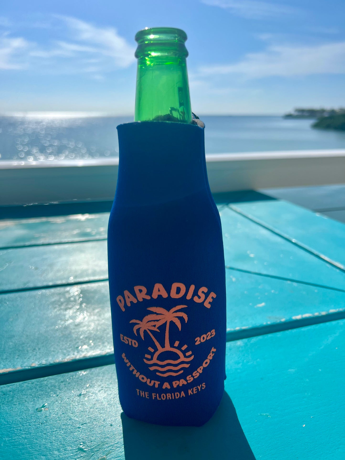 Florida Keys Bottle Coozies - "paradise without a passport" blue, navy & black