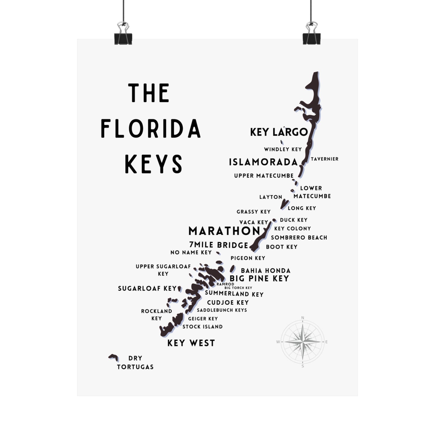 Florida Keys Map - Keys Silhouette - Black & White Wall Art - Vertical map Poster