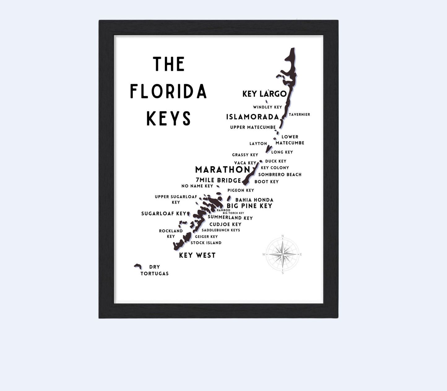 Florida Keys Map - Keys Silhouette - Black & White Wall Art - Vertical map Poster