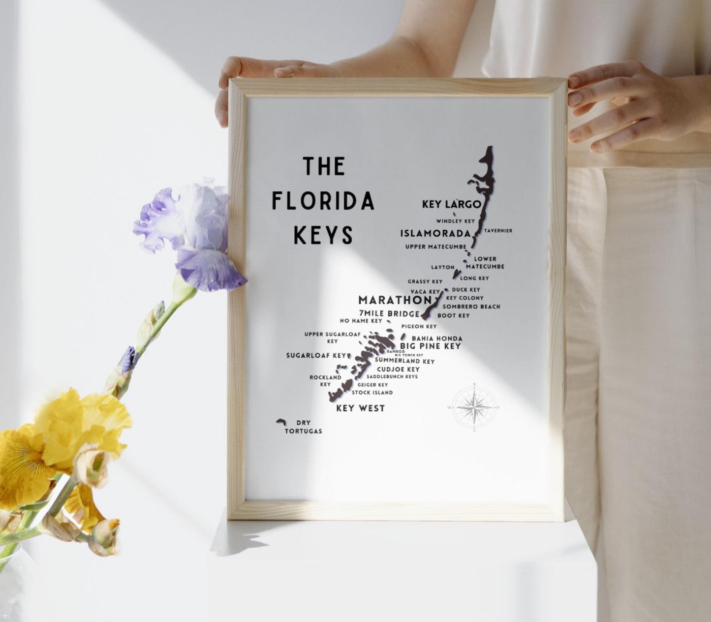 Florida Keys Map - Keys Silhouette - Black & White Wall Art - Vertical map Poster