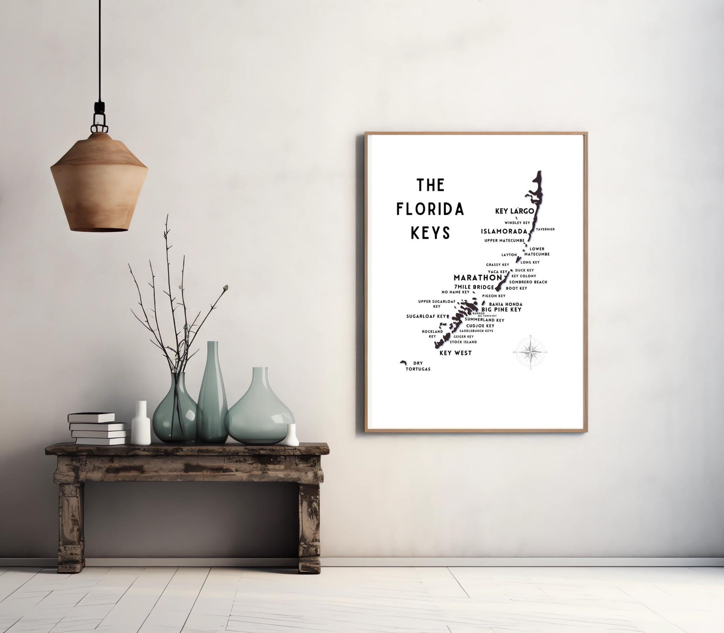 Florida Keys Map - Keys Silhouette - Black & White Wall Art - Vertical map Poster